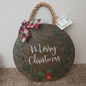 Christmas Ornament Hanging Festive Wooden Sign with Forest Green Wreath